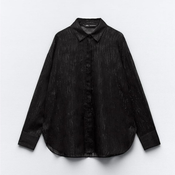 Zara Black Semi Sheer Shirt with Metallic Threads - Picture 3 of 9